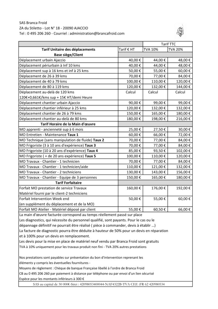 grille tarifaire branca froid