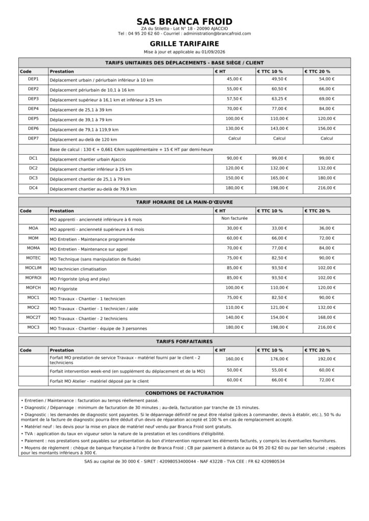 Grille tarifaire Branca Froid